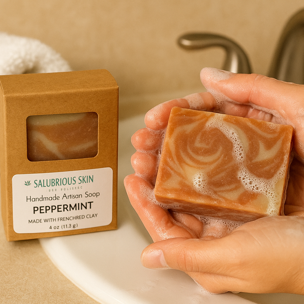Hand holding a bar of soap with a box labeled 'Salubrious Skin' in the background.
