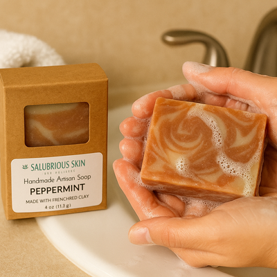 Hand holding a bar of soap with a box labeled 'Salubrious Skin' in the background.